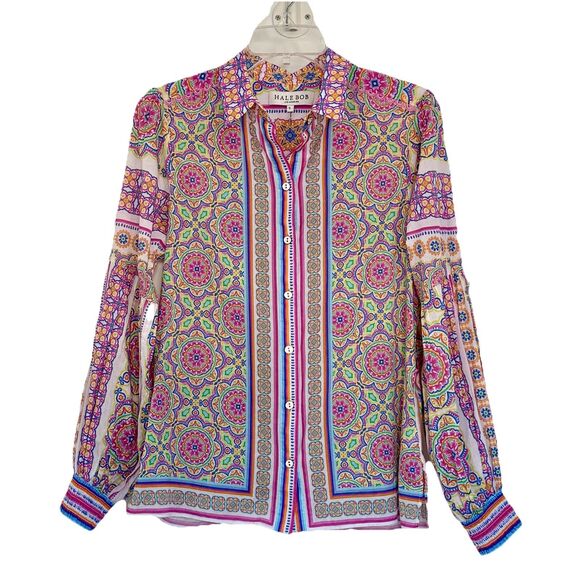 Hale Bob Tops - Hale Bob Trinia Medallion Print Cotton Button Front Blouse Bishop Sleeves Size S